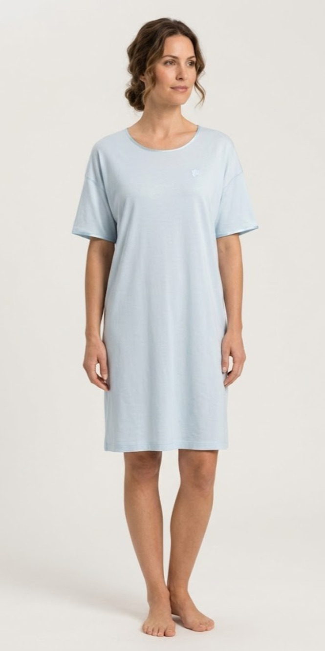 Hanro Cotton Silky Trim Embroidered Logo Gown Medium Light Ice Blue